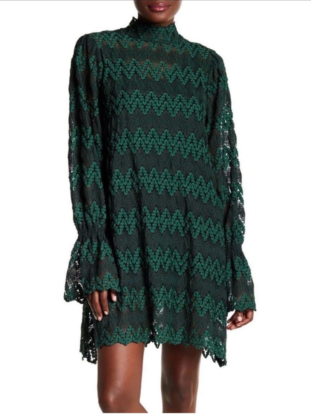 Free People Simone Green Lace Chevron Mock Neck Mini Dress Small Bell Sleeve